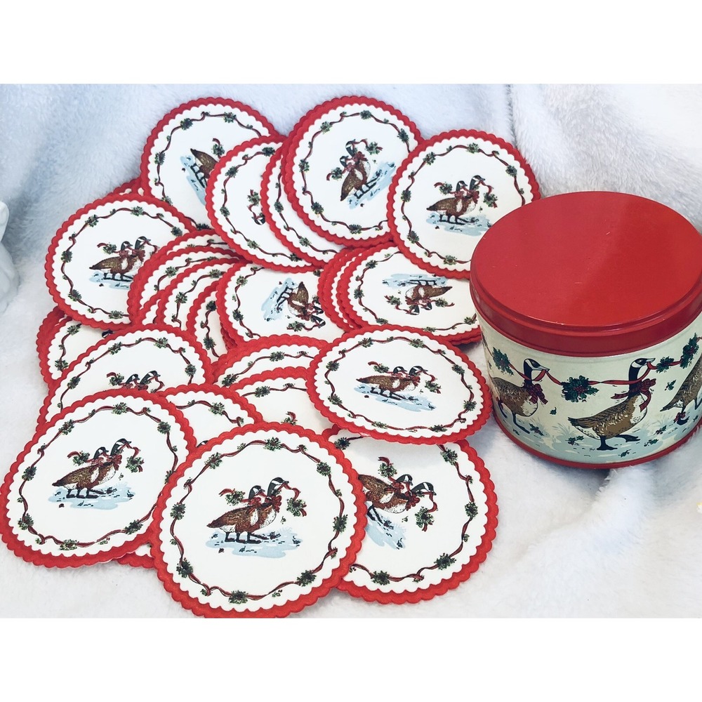 VTG Christmas Geese Waxed Back Coasters w/Collectible Tin 3.25"‎ Potpourri Press